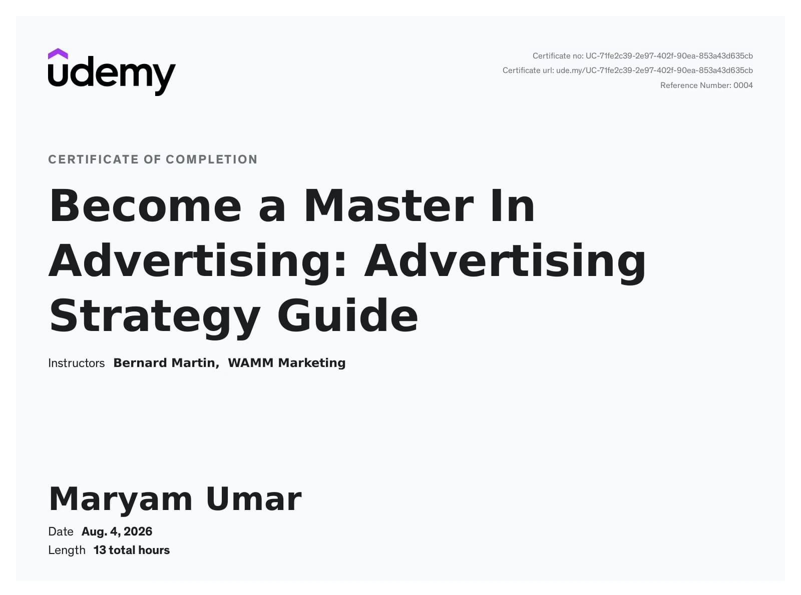 Advertising certificate